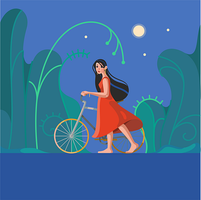 Night walk 2d cartoon character design flat graphic design illustration nature vector