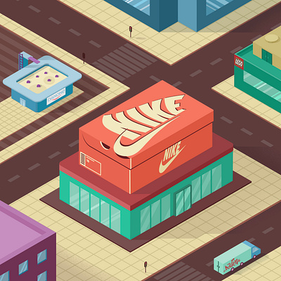 Urban environment branding building danone design graphicdesign illustration illustrator isometric lego nike surreal vector vectorart