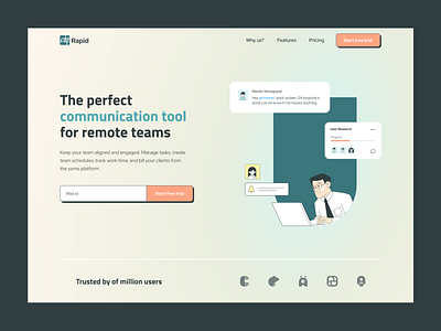 Rapid | Collaborative app for remote team chat collabration collabrative communication design home page landing page meeting remote team remote work remotework tech website ui video call