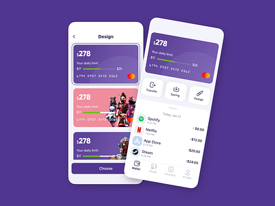 Custom card design for the financial app animation app design cleanui creditcard design equal finance kids minimal minimal card mobile mobile app platform product design purple saas workflow