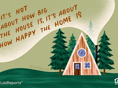 Happy Camper a frame cabin hand lettering happy home home house illustration nature tiny home trees woods