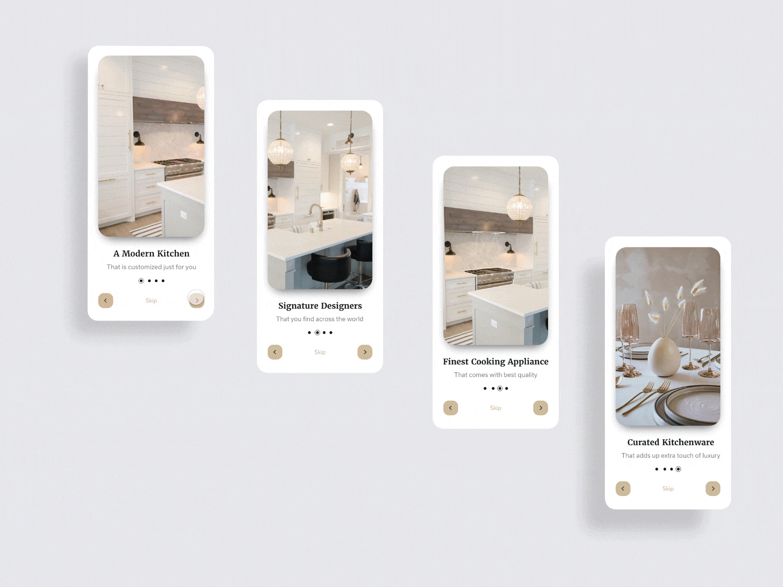 Modern kitchen shopping app onboarding design adobe adobexd app bay area san francisco branding dupont freelance hover interactive ios kitchen applicance millennial minimal mobile modern design onboarding premiere pro real estate scrolling ux