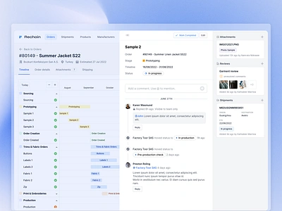 Slide Over Side Panel - Production Milestone Details activity blue cards comments dialog drawer fashion production figma menu modal panel saas side panel slide over ui web