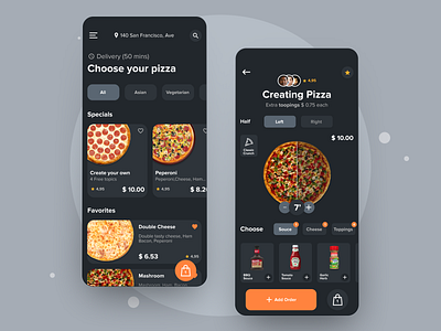 Pizza App Dark Theme customizable dark theme design pizza ui ui design ux