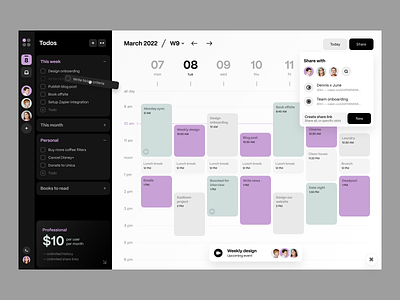 dashboard: calendar app calendar dashboard events organize productivity productivity tool saas software team to dos todo list todos tool web web app web design work