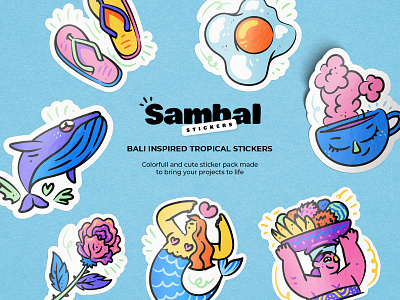 Sambal Stickers bali colourful creative cute design egg flat flower happy icon icons illustration island mermaid outline rose stickers tropical vector whale