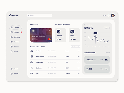 Onpay - Financial Dashboard bank card banking banking platform credit card dashboard ui expends finance financial dashboard fintech investment minimal money payments dashboard personal finance savings stats transactions transfer ui design wallet dashboard