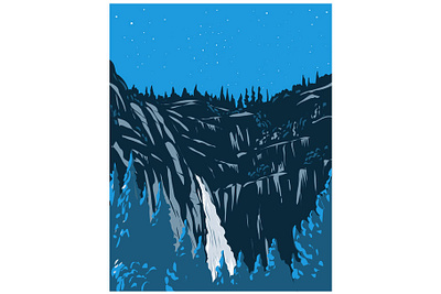 Nighttime at Cascade Falls in Yosemite National Park WPA Poster national park