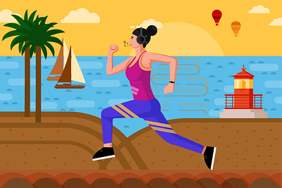 Morning Run be like 🏃🏻‍♀️ beach design designart flat girl graphic design illustration illustrator jogging morning motion graphics ocean running sea sun yoga