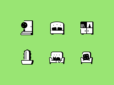 Furniture icons bed books cactus clean door furniture icon icon collection icon pack icon set icons illustration line icons minimal plant real estate sofa ui