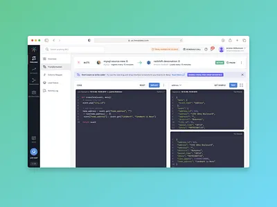 Clean, modify and transform your data within your warehouse code dashboard data integration data pipeline hevo interface minimal python saas