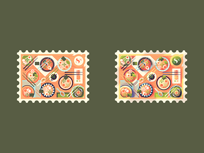 Eight Bowls of Ramen, before and after texture bowls chopsticks food illustration illustrator japanese noodles postage ramen sashimi stamp sushi table setting texture vector