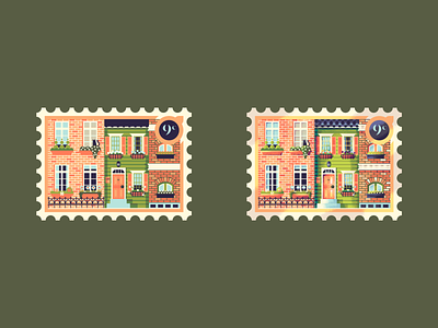 Nine Window Boxes, before and after texture adobe architecture boxes building city homes door flowers illustration illustrator photoshop postage stamp texture townhouse townhouses window