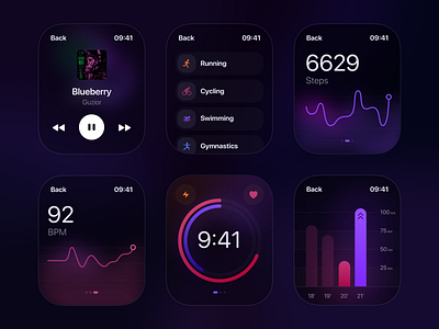 BRun - Watch Application app chart clean dark design desktop digital fitness glow minimal mobile music player rounded running shadow sport ui ux watch