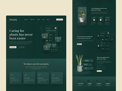 Plant care landing page concept dark dark mode dark ui design figma graphic design green greenmode home page landing landing page landingpage plants typography ui uxui web website website design