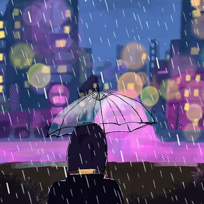 Rain character city drawing illustration moody pinkandblue procreate