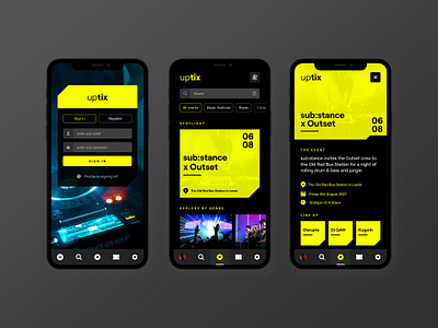 Event booking app concept | UPTIX app app ui book now booking calendar concert event event app festival login mobile app music profile rave search social ticket app tickets ui ux