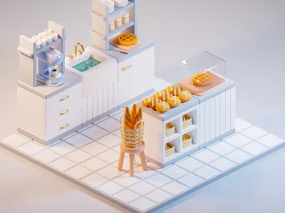 Bakery 3d bakery blender blender3d bread coffee isometric low poly low poly pastry render rolls shop