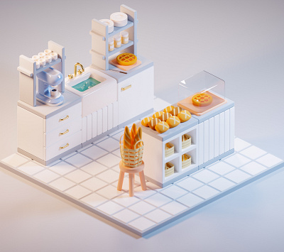 Bakery 3d bakery blender blender3d bread coffee isometric low poly low poly pastry render rolls shop