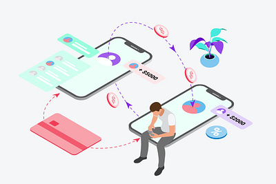 Transfer Feature by Digital Wallet Isometric 3d animation 3d art 3d character 3d illustration app barcode confirm credit card design illustration information invite isometric money network page people phone qr transfer