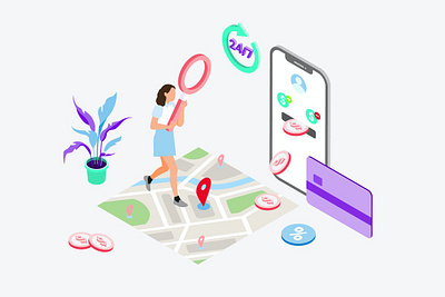 Search Transaction Places by Digital Wallet 2020 3d animation 3d art 3d illustration app credit card design illustration information isometric location map money network page people phone places search transfer