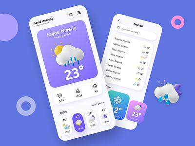 Weather App 3d clean ui gradient illustration mobile app design rain screen sun ui uiux ux weather weather app