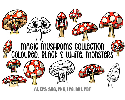 Magical Mushrooms! Cartoon Toadstool Character Illustrations cute