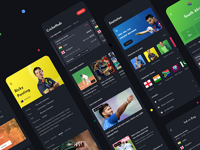 Mobile App for Cricket Enthusiasts appdesign appui clean cricket dark design elegant productdesign sports statistics ui uiux ux