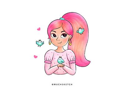 Friends of the princess 💖 art challenge birb bird bird illustration character design character drawing cute bird character draw this in your style dtiys eyes friends illustration long hair ootd pink dress princess procreate rapunzel shimmer sparkling