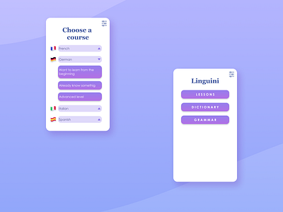 Linguini, choose course menu and main menu adobe illustrator app design education figma foreign languages illustration languages mobile app study typography ui ux vector