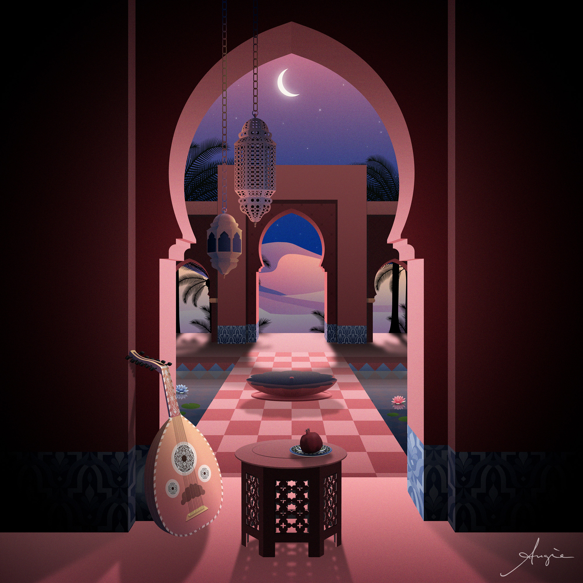 "Moonlight Serenade" - NFT art blue contemplation contrast daily art guitar illustration landscape lights nft nft art nft artist perspective pink shadows vector vector illustration visual poetry yellow