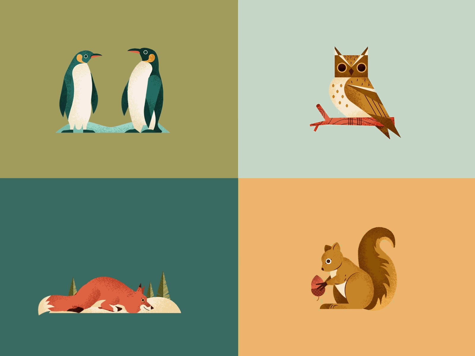 Winter Wildlife adobe animals animation cute cute creatures flatdesign fox illustration life loop loop animation muti owl penguin squirrel steam texture vector wildlife winter