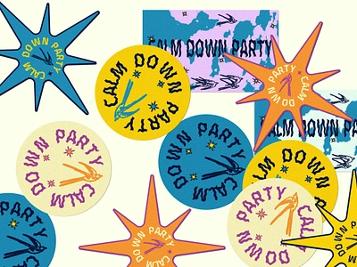 Calm Down Party Sticker Set art direction band sticker band stickers design graphic design round sticker star sticker stickers swallow sticker typography