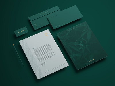 Astir Cannabis Co. Stationery Suite agency brand identity brand identity mockup branding business card cannabis cannabis branding champagne creative direction design envelope folder green letterhead logo stationery