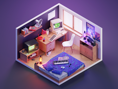 Retro Room 3d 80s 90s blender diorama illustration isometric lowpoly render retro retrogames syntwave