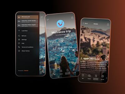 Travel manager menu & details app black clean dark dashboard design glass glassmorphism hotel interface ios iphone menu minimal mobile orange travel trip ui ux