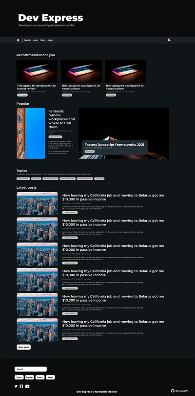 Dev Express - Developer Blog (Dark mode, Lower half) blog blogging css design ui web