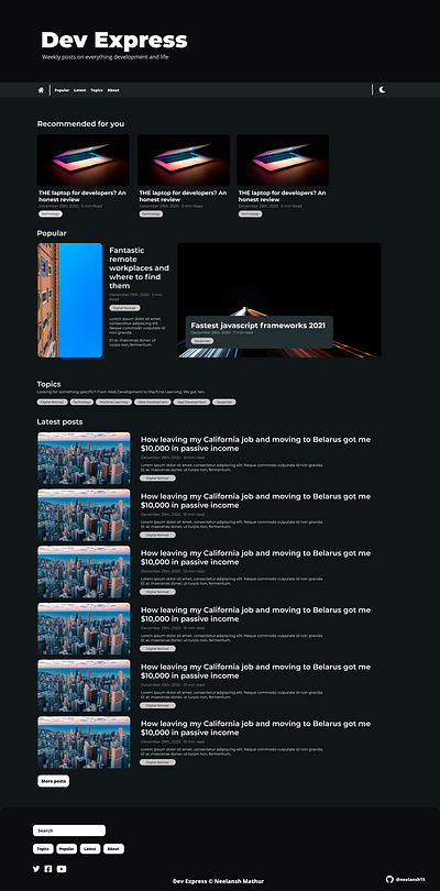 Dev Express - Developer Blog (Dark mode, Upper half) blog blogging css design ui web