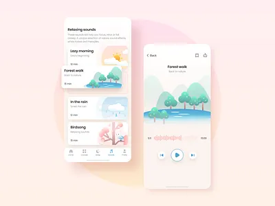 Meditation App app app design design emotions figma graphic design health health care icons illustration ios medicine meditation mental health player sounds ui ux vector