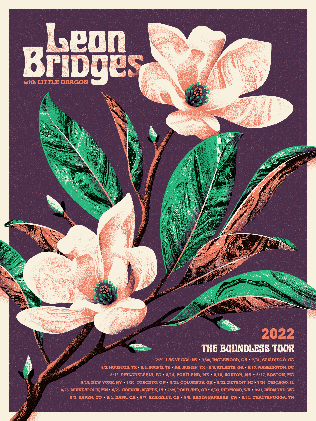 Leon Bridges Boundless Tour Poster dan kuhlken design dkng dkng studios flowers gig poster illustration leaves leon bridges magnolia nathan goldman poster screenprint silkscreen tour vector