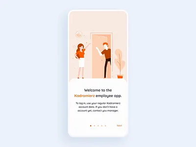 Onboarding - Kadromierz Mobile App animation app clay flat illustration interaction minimalist mobile onboarding orange slider spring ui ui design uiux user experience user interface ux ux design welcome screen