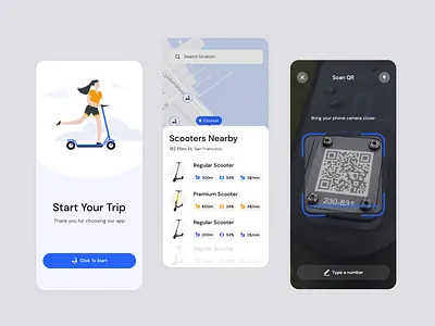 Scooter Rental App animation app details electric scooter list location map mobile motion motion graphics navigation rental app scan scooter scooter rental sharing transport travel ui ux