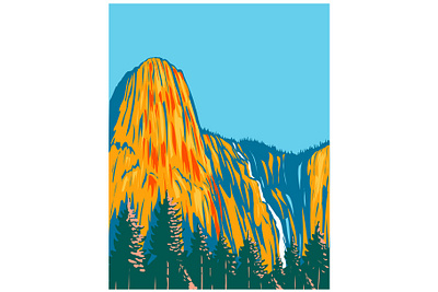 Sentinel Falls and Sentinel Rock in Yosemite National Park WPA united states of america