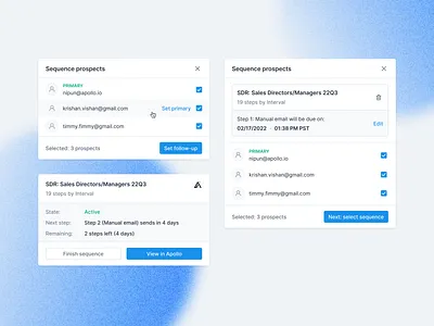 Sequence follow-up add add to apollo confirmation create crm edit follow up gmail hubspot linkedin modal modals outreach sales sales app salesforce sequence user zoominfo