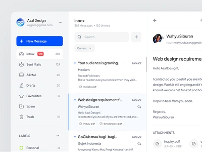 Asal Mail ⌁ Mailbox Concept Application conversation dashboard email email design gmail inbox light mail mailbox mailing menu message messages minimal navigation navigation bar notification postbox slider ui