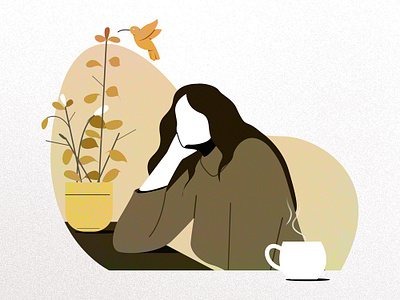 She is thinking... bird character girl illustration plant sitting thinking women