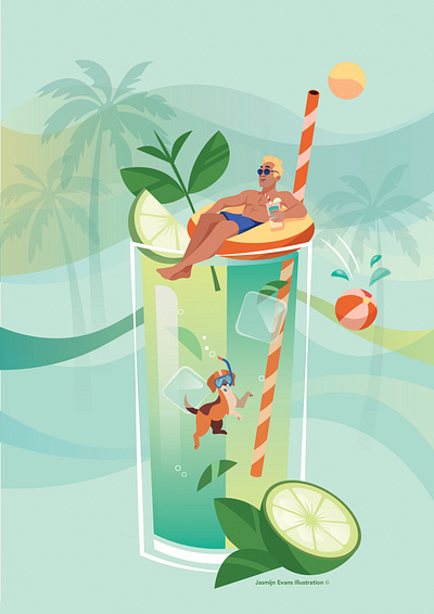Mojito adobe illustrator adobe photoshop branding colorfull design holland illustratie illustration man sunbathing mocktail mojito palmtrees pool side summer summer vibe tea packaging