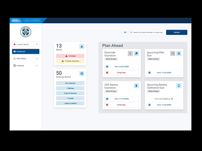 Medical Device Status/Inventory battery dashboard defibrillators expanding row figma filtering fleet health hospital medical device product design prototype saas side nav table ui ux wireframes