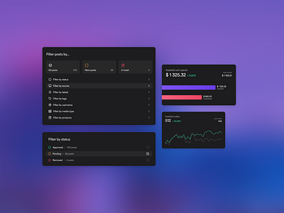 Filter and Dashboard statistics cevoid dark mode figma filter popup statistics stats