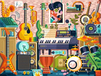 Music Room elvis flat design game design geek guitar illustration instruments music musician nostalgic pop culture puzzle rock rockstar room shop stuff